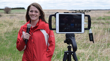 Shelby Anderson, an agricultural and environmental sciences communication major at Nebraska, hosts "Streaming Science: Ranches, Rivers and Rats" on the Switzer Ranch near Burwell. More than 200 students from across the state tuned in to the live interactive electronic field trip.