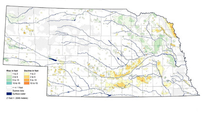 This map from the 2017 Nebraska Statewide Groundwater-Level Monitoring Report shows groundwater-level changes in Nebraska from spring 2016 to spring 2017.