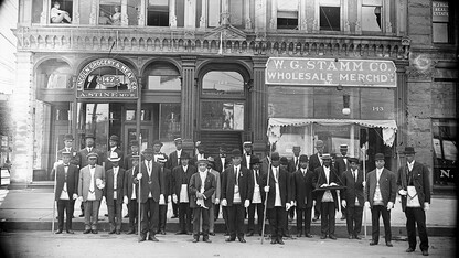 "Untitled (group portrait of Freemasons)," an undated, black and white photograph from a glass plate negative by John Johnson. The negative is part of the MONA archives collection and was a gift of Library Media Services, Lincoln, Nebraska Public Schools.