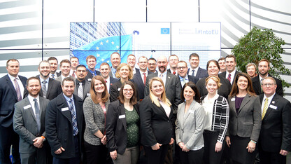 LEAD 37 fellows pose at the European Commission offices in Brussels, Belgium, during their recent trip.