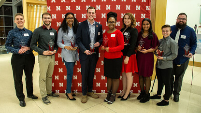 Recipients of the inaugural Student Luminary Awards include (from left) Charlie Adams, Colton Harper, Mishala Lewis, Hunter Traynor, Mariah Houston, Ashley Mulcahy Toney, Guari Ramesh, Kai Meacham and Adam Hubrig. Not pictured is Anthony Stephenson. 