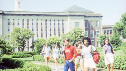 University of Nebraska–Lincoln students walk in front of Love Library in 1984.