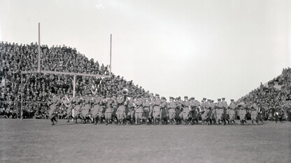 The Cornhusker Marching Band performs at the Nebraska-Notre Dame football game on Nov. 15, 1924.