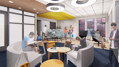 A University of Nebraska–Lincoln team’s proposed renovation of a little-used TV lounge in the Robert E. Knoll Residential Center features multiple study spaces designed to allow for collaboration between students.