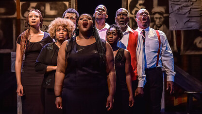 The ensemble performs in the Black Rep production of “Crossin’ Over.”