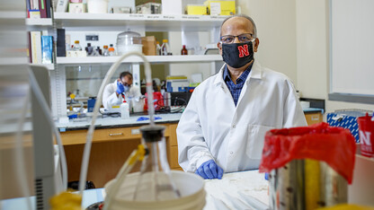 Cutline: Nebraska’s Asit Pattnaik (pictured) and UNMC’s Tom Petro are developing a vaccine framework that exploits the properties of a naturally occurring nanoparticle in an effort to produce a stronger, longer-lasting immune response than other COVID-19 vaccine candidates. They’re also taking a closer look at how SARS-CoV-2, the coronavirus that causes COVID-19, inhibits the immune system.