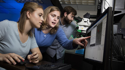 Nicole Iverson (center), assistant professor of biological systems engineering at Nebraska, works with then-undergraduate Janelle Adams and graduate student Eric Hofferber in August 2016. The Iverson Lab has earned a $1.77 million grant from the Department of Health and Human Services to make nitric oxide sensors easy to use and to utilize them to study both healthy and diseased cells.