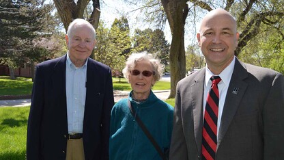 David Scholz and his late wife, Sande Scholz, have donated more than 2,100 acres of rangeland to the Nebraska College of Technical Agriculture. The ranch will be used to give students hands-on management experience in many areas of ranching. Here, David (left) and Sande (center) are pictured with Mike Boehm, NU vice president and Harlan Vice Chancellor of the Institute of Agriculture and Natural Resources, in May 2017.