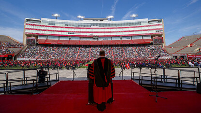 Chancellor Ronnie Green welcomes graduates and their guests to the morning undergraduate commencement ceremony May 8 at Memorial Stadium. The university conferred a record 3,594 degrees during commencement exercises May 7 and 8.