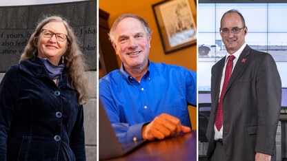 Faculty (from left) Margaret Jacobs, Ken Kiewra and Laurence Rilett are among the 2021 winners of the University of Nebraska’s most prestigious awards for research, creative activity, teaching and engagement.