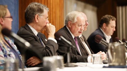 Jack Beard (center) moderates a panel on the Woomera Manual on the International Law of Military Space Operations during the Global Perspectives on Space Law and Policy Conference in Washington, D.C., in October 2019. He is editor in chief of the Woomera Manual.