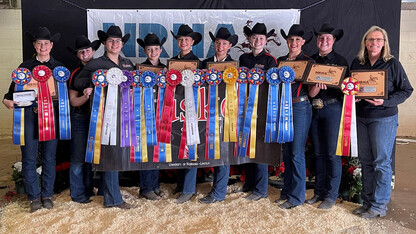 The Husker Equestrian team recently won the western semifinals hosted by Texas Tech University. Team members (from left) are Megan Pokorny, Cassidy Chase, Taylor Pivonka, Emily Jonas, Hadley Olson, Emily Burnside, Taylor Dynek, Sarah Eberspacher and Ashley Blakely. 