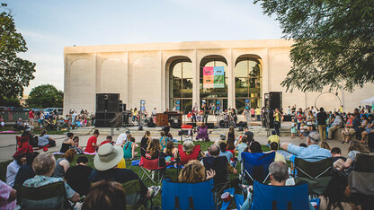 A crowd watches a jazz band perform in the Sheldon Sculpture Garden during a previous Jazz in June.