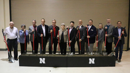 The University of Nebraska–Lincoln broke ground on its Feedlot Innovation Center near Mead on Nov. 4. Participating in the ceremony were (from left) Dennis and Glenda Boesiger; Clint Krehbiel, head of the Department of Animal Science; Mike Drury, president of Greater Omaha Packing; Chancellor Ronnie Green; Beth Klosterman; Steve Cohron, president of fed beef, JBS USA; IANR Vice Chancellor Mike Boehm;  Doug Zalesky, director of the Eastern Nebraska Research, Extension and Education Center; Nanc