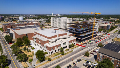 Aerial photo of Othmer Hall and the construction site of Kiewit Hall