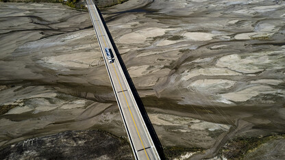 A semi-trailer crosses the dry Platte River near Chapman, Nebraska, on Oct. 13.