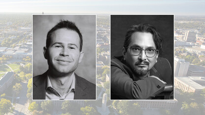 Black-and-white photos of Andrew Stobo Sniderman and Douglas Sanderson (Amo Binashii) on color campus background