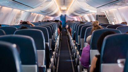 The backs of rows of seats in an airplane