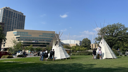 Two tepees were erected by student members of UNITE and others for Otoe-Missouria Day Sept. 21, 2023.