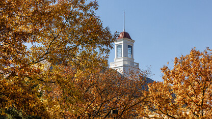 The Love Library cupola behind trees with autumn leaves