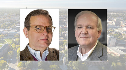 Color portraits of Todd Purdum and Mike McCurry on a color campus background