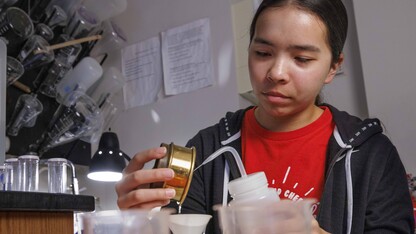 Jasmine Pham, a sophomore mathematics major and UCARE student, washes a sieved soil sample into a container for analysis.