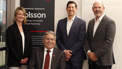 Pictured with Lance C. Pérez, Fred Hunzeker Dean of Engineering (second from left), are Olsson team members Katie Underwood (left) and Nick Steinke (third from left); and Brad Strittmatter, Olsson president and CEO.