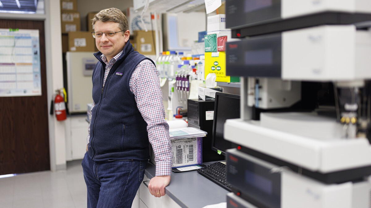 Oleh Khalimonchuk, Willa Cather Professor of biochemistry at the University of Nebraska–Lincoln, poses in his lab.