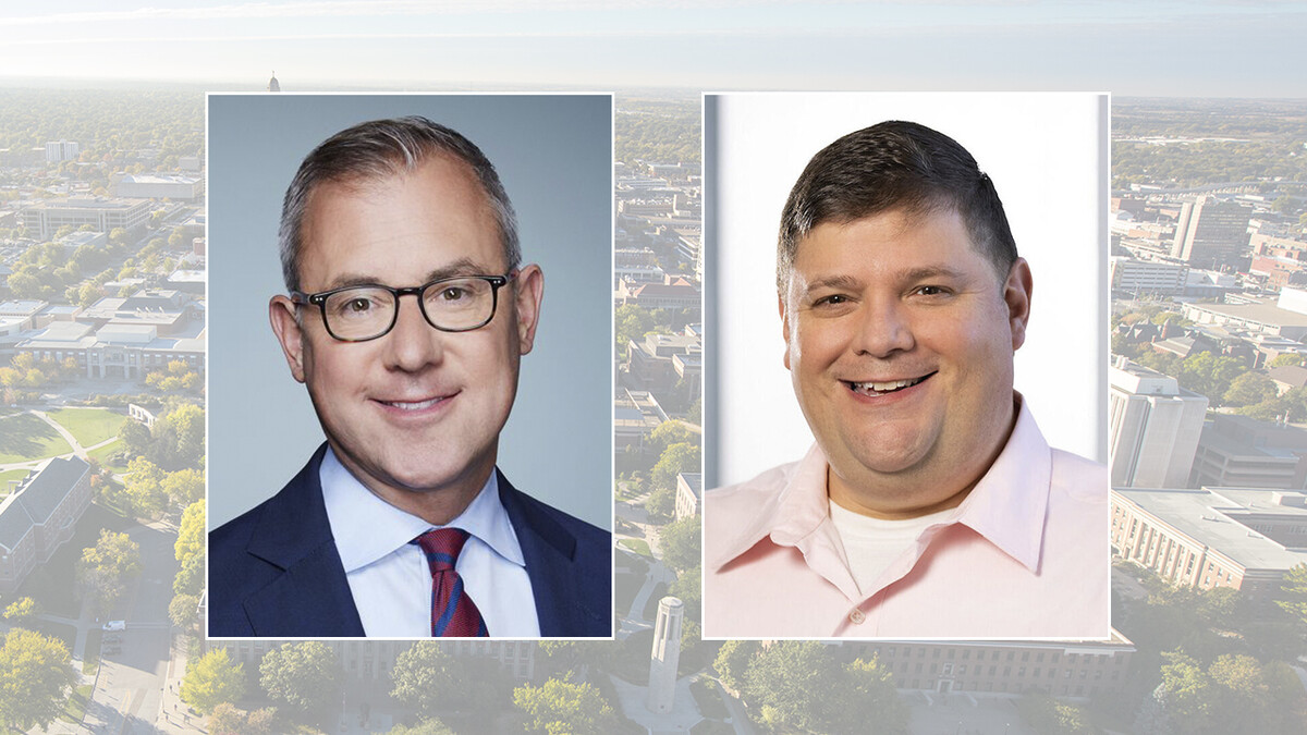 Color portraits of Jeff Zeleny, chief national affairs correspondent with CNN, and Aaron Sanderford, editor-in-chief of the Nebraska Examiner, on a color campus background.