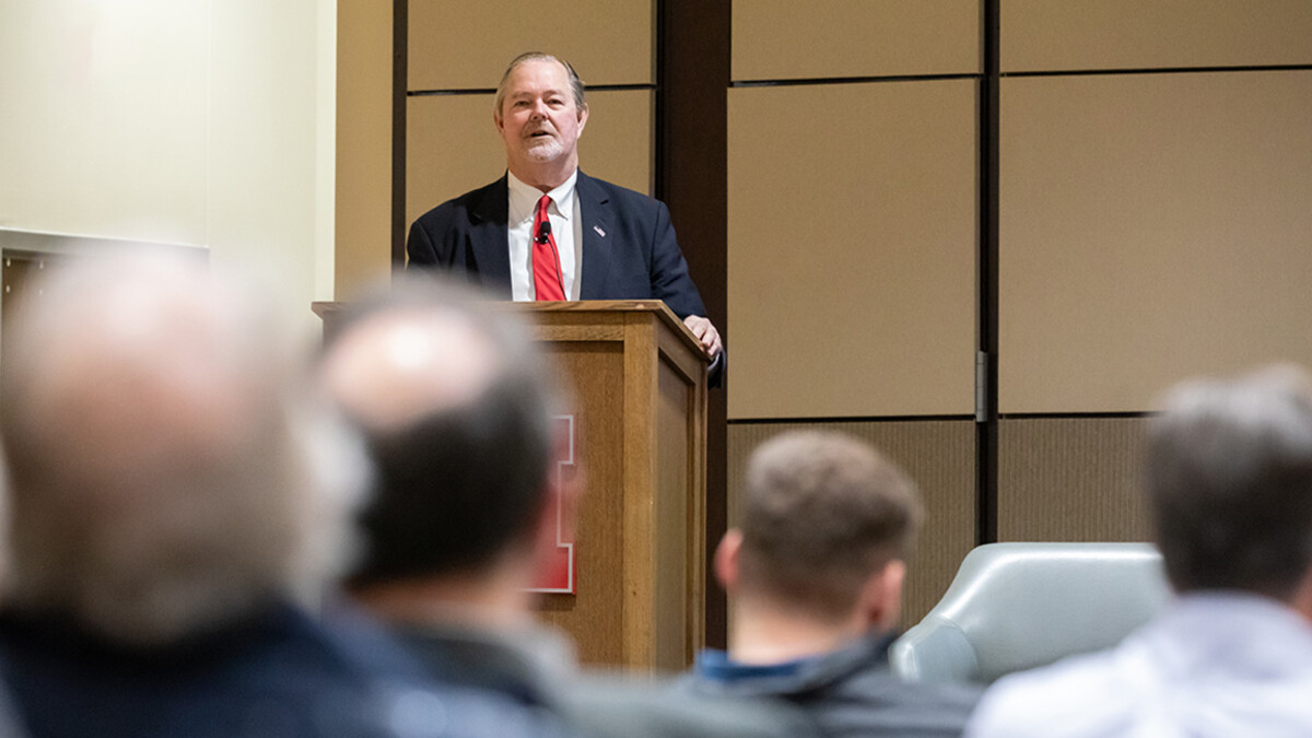 Scott Hutchins speaks to a crowd during the Heuermann Lecture April 28.