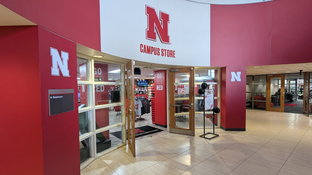 The red entrance to the campus bookstore in Nebraska Union is shown.