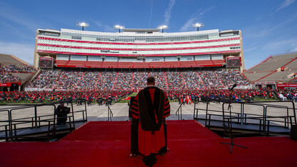 Chancellor Ronnie Green welcomes graduates and guests to the first of two undergraduate commencement ceremonies on May 8 in Memorial Stadium.