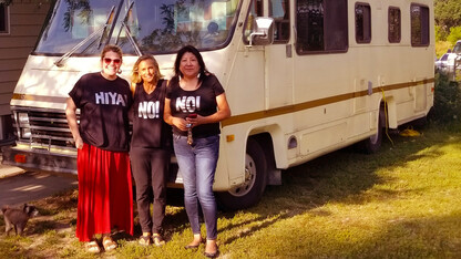From left, Katie Edwards, associate professor, CYFS and educational psychology; Lee Pavia, founder of No Means No Worldwide and IMpower United; and Ramona Herrington, Lakota Elder and activist, on a South Dakota reservation. (Photo by Katie Edwards)