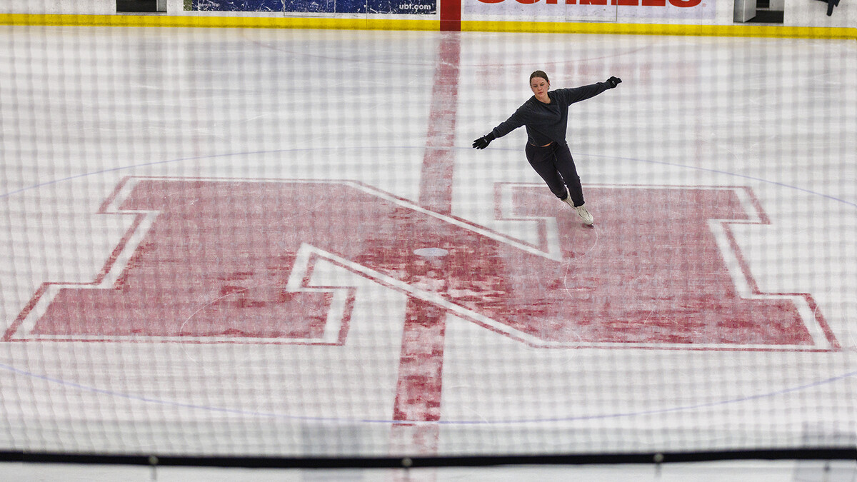 Michaela Andrusko, a senior from Otsego, Minnesota, and president of the University of Nebraska–Lincoln's Figure Skating Club, works out at the Breslow Ice Hockey Center.