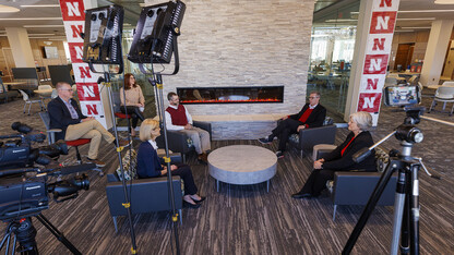 Chancellor Ronnie Green and Executive Vice Chancellor Katherine Ankerson (both, at right) talk with the N2025 faculty co-chairs (at left, from left) Shane Farritor, Angela Pannier, Sue Sheridan and Rick Bevins. The group met Feb. 4 at the Dinsdale Family Learning Commons to record the first video in the N2025 strategic plan series.