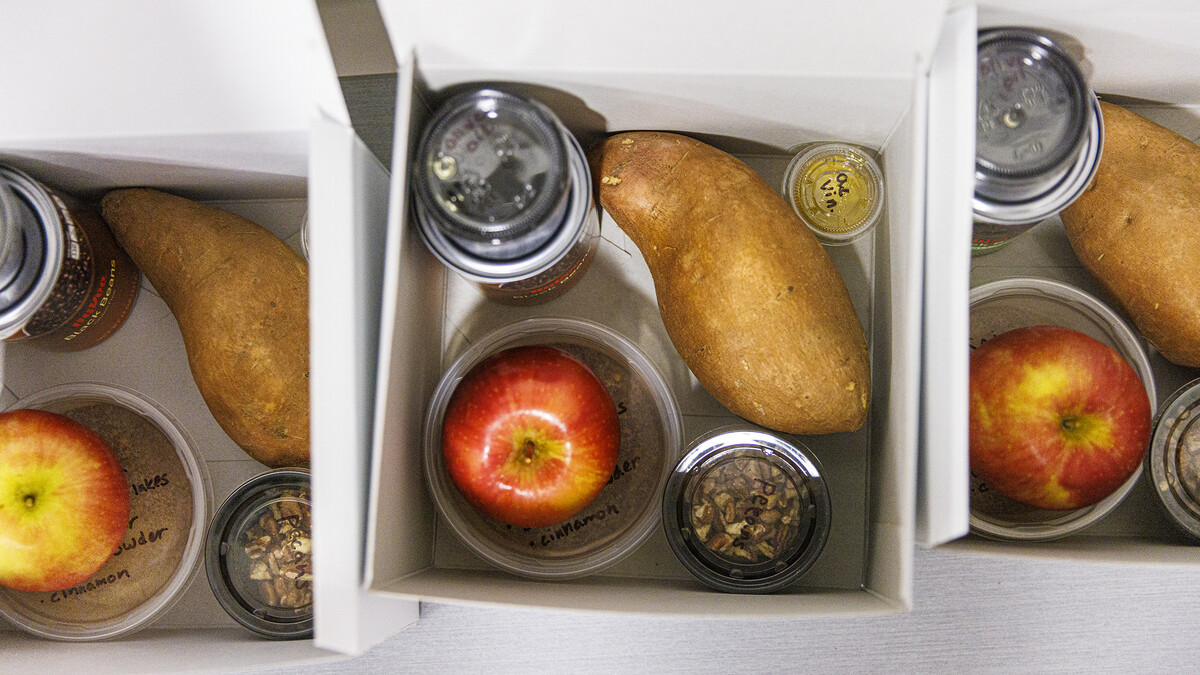 Meal Kits of Bean and Sweet Potato Breakfast Hash await pick up. 