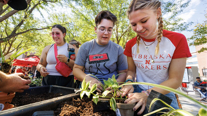 Shae Mitchess, a freshman from Edison, Nebraska, center, and Emmy Oldhan, a freshman from Wellfleet, Nebraska, add potting soil for their plants 