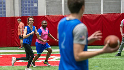 Professor Marcel Ngoko guards University of Nebraska-Lincoln student Delaney Knight from getting open at Cook Pavilion on Feb. 9, 2024.