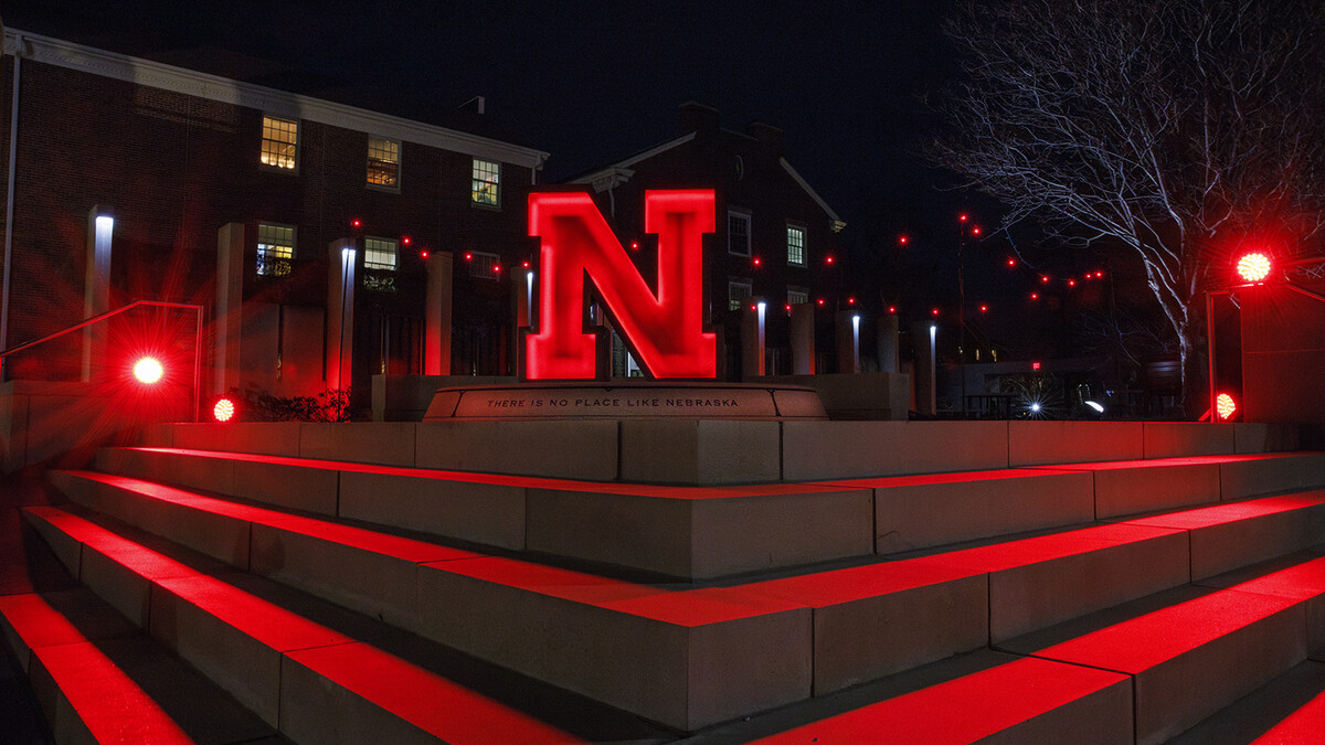 The iconic Nebraska "N" shines outside the Wick Alumni Center during the 2024 Glow Big Red event. The annual day of giving is Feb. 12-13 and gives Huskers a chance to show their love for Dear Old Nebraska U.