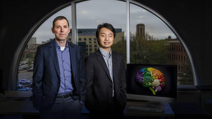 Aron Barbey and Jisheng Wu are photographed in the Center for Brain, Biology and Behavior.