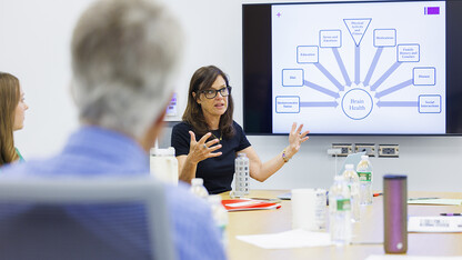 Judy Harvey discusses the graphic behind her that depicts many facets of brain health.