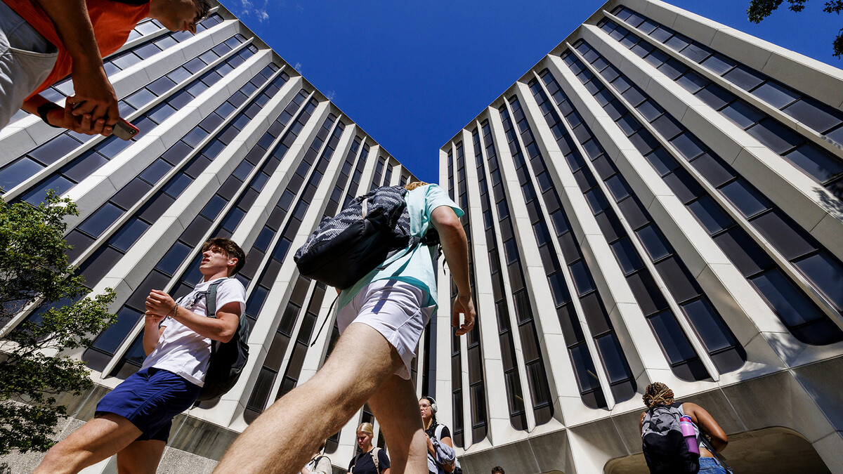 Students venture to and from classes in Hamilton Hall on Aug. 26, the first day of the fall semester.