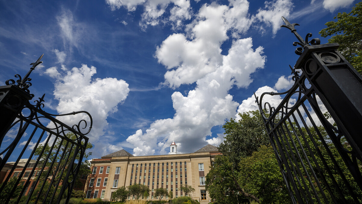 Clouds drift overhead of Love Library. 