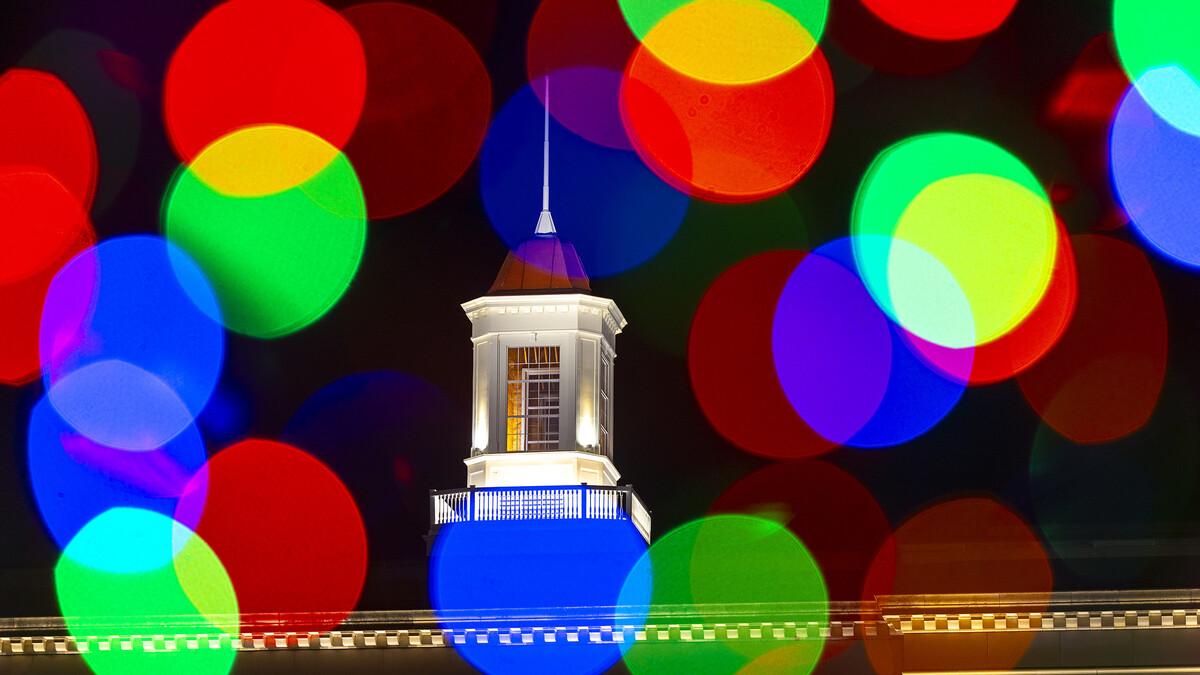 The Love Library cupola is surrounded by holiday lights in this in-camera multiple exposure. 