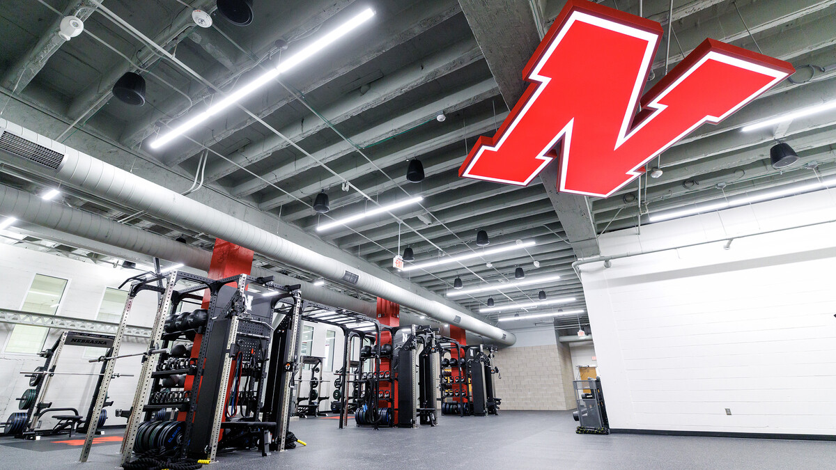 The expanded weight room in the Campus Recreation Center is watched over by the iconic Nebraska N.