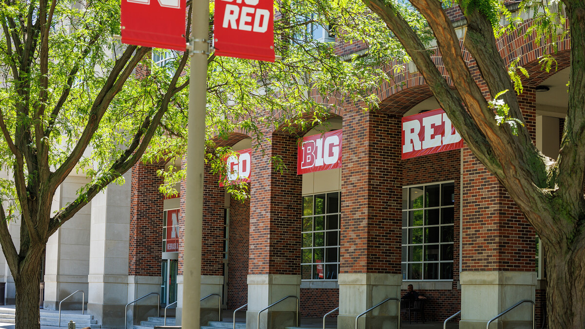 Nebraska Union is adorned with Go Big Red banners.