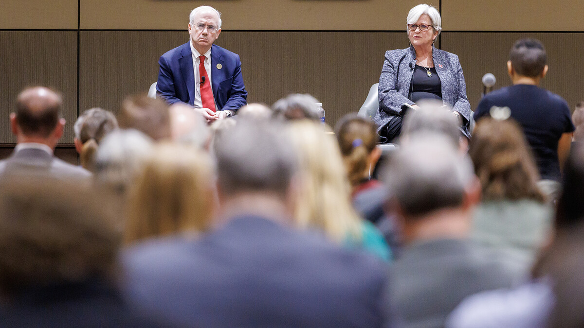 Katherine S. Ankerson (left), interim chancellor, and Dr. Jeffrey P. Gold, president of the NU system, answer questions from the campus community during a Jan. 15 listening session in the Nebraska East Union. Nearly 200 attended in person with more than 420 participating online.