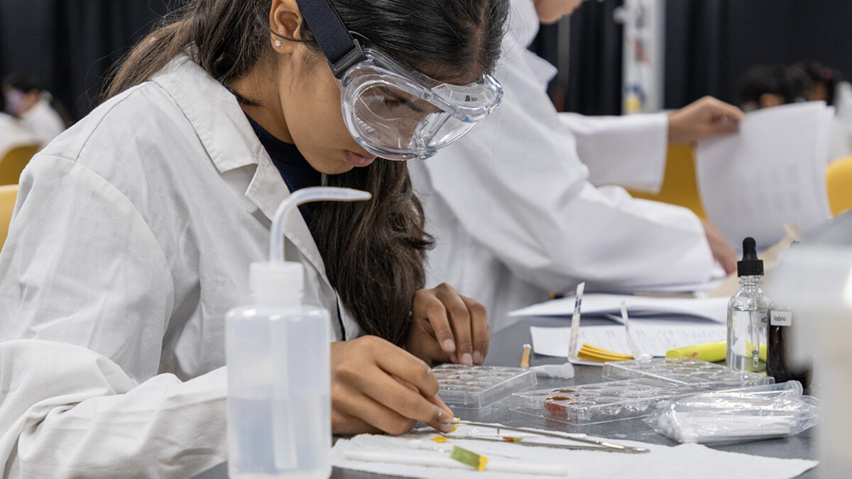 A girl examines items in a laboratory setting.
