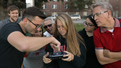 Nebraska's Matt Waite (second from left) works with students in a drone journalism pop-up course offered in fall 2018.
