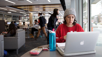 Eleanor Avery, a freshman supply chain manaagement major, studies in Love Library's new Adele Coryell Hall Learning Commons on its Jan. 11 opening day. The space offers a variety of study and collaboration options to UNL students and is open 24 hours every day.
